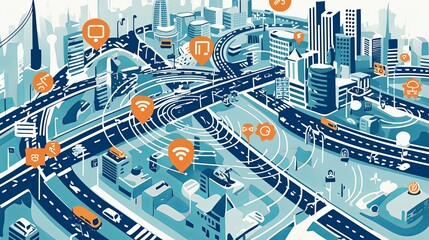 A conceptual design of a futuristic smart city with interconnected roads and networks represented by digital connectivity icons throughout the metropolis.