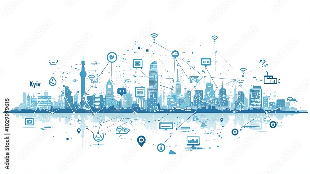 Poster a modern representation of kyiv's skyline showing digital and smart technology connections, includin
