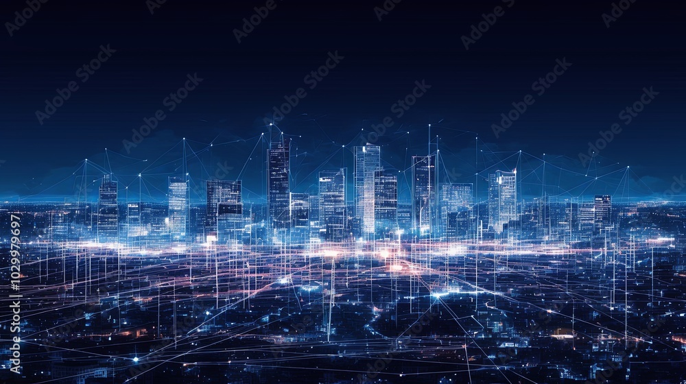Poster a digital rendering of a futuristic cityscape at night featuring cutting-edge skyscrapers and cyber 