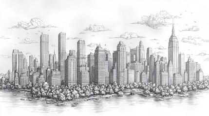 Fototapeta premium A detailed black and white illustration of a bustling cityscape featuring tall skyscrapers, intricate architectural details, and lush trees along the water's edge.