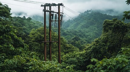 A tall wooden structure supporting electrical wires and equipment, set against a backdrop of lush greenery. 
