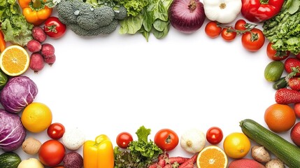 Colorful fresh vegetables and fruits frame on white background.
