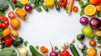 Colorful Fresh Vegetables and Fruits Surrounding a White Space for Text.