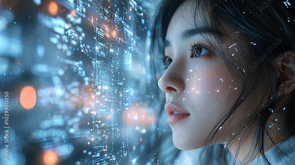 Poster a futuristic depiction showing a woman's face blended with flowing data patterns in a digital enviro