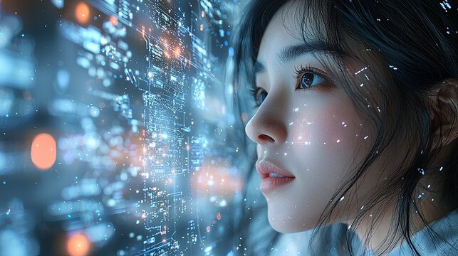 A futuristic depiction showing a woman's face blended with flowing data patterns in a digital environment, representing technology's blend with humanity.