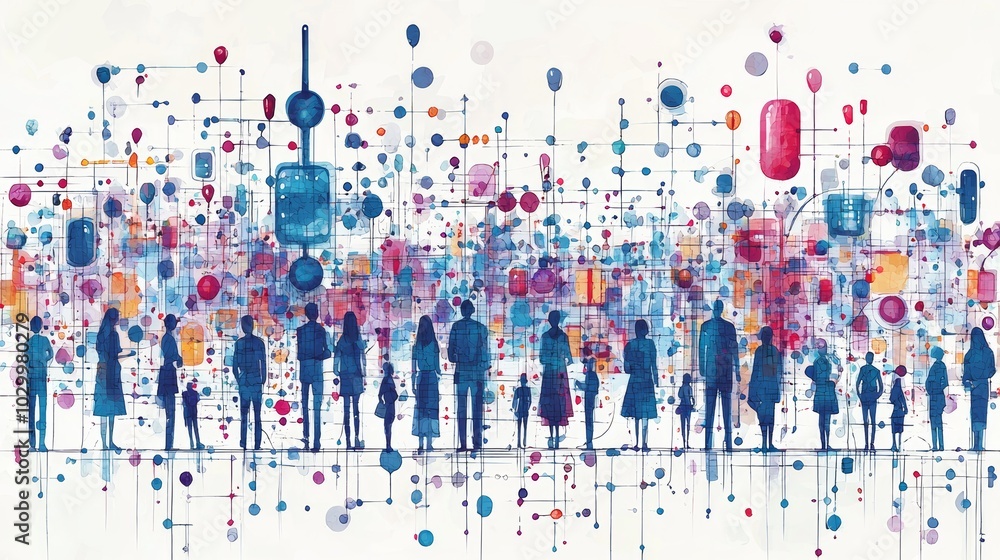 Poster a dynamic abstract interpretation of human connectivity, featuring colorful shapes and lines represe