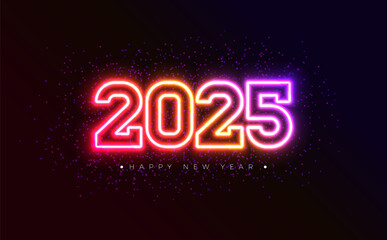 Happy New Year 2025 Illustration with Glowing Neon Light Number on Dark Background. Vector Christmas Holiday Season Design for Flyer, Greeting Card, Banner, Celebration Poster, Party Invitation