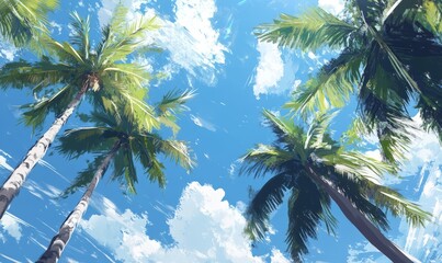Fototapeta premium Tropical palm trees under blue skies and sunshine on a sunny day