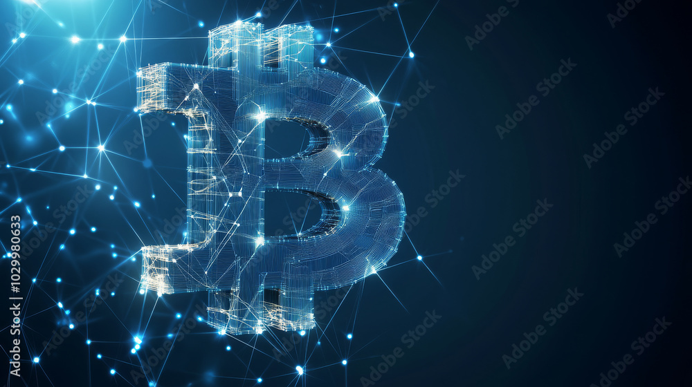 Poster a 3d symbol representing bitcoin, a digital currency. it's part of a larger concept about data minin