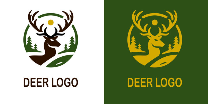 Elegant deer logo featuring a majestic deer with antlers, set against a natural backdrop of trees and a sun