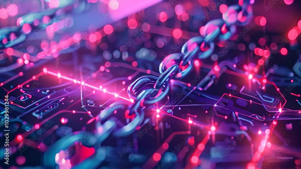 Poster a digital chain links on a circuit board, symbolizing blockchain technology, representing the concep