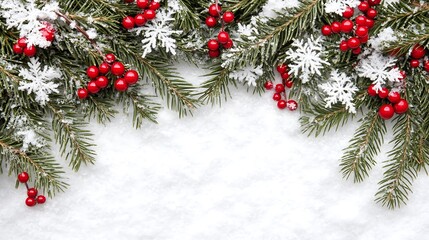 Snow Covered Pine Branches with Red Berries for Christmas or Winter Holiday Decorations Clean Blank Canvas with Empty Space for Designs