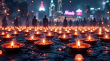 A serene night scene featuring numerous oil lamps illuminating a cityscape, with silhouettes of people gathered, creating a peaceful ambiance.