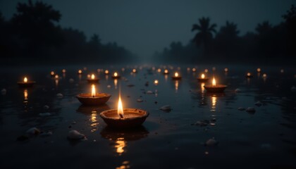 Fototapeta premium Floating candles illuminate a serene river, surrounded by darkness and reflections, creating a tranquil and ethereal atmosphere.