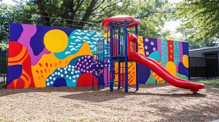 Colorful mural on brick wall with a red and blue playground set in front.