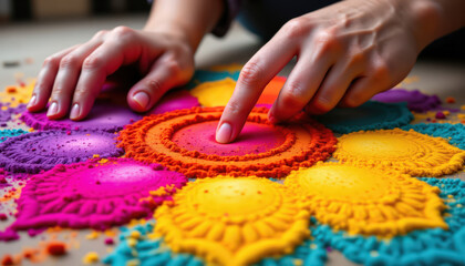 A vibrant, colorful sand art mandala is created by hands, showcasing intricate patterns and textures in purple, orange, pink, and yellow hues.