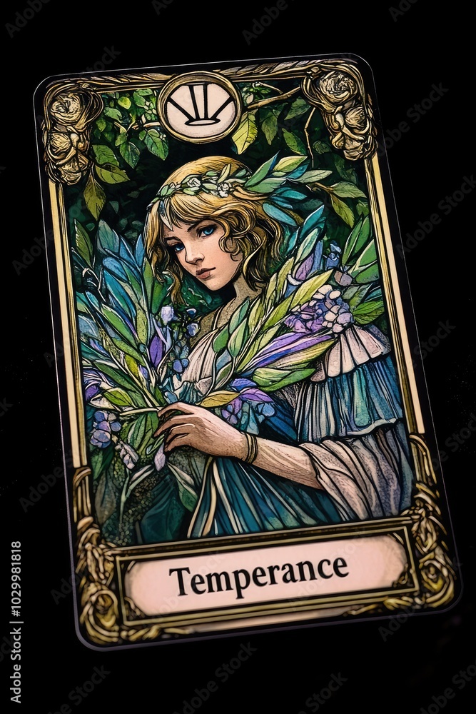 Wall mural beautiful woman holding flowers on temperance tarot card illustration