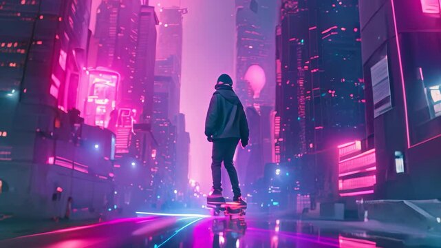 A lone rider glides through a neon-lit cityscape on a futuristic hoverboard, Riding a futuristic hoverboard through a neon cityscape