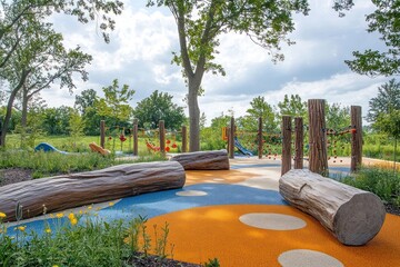 Colorful playground with wooden logs and blue, orange, and tan rubber ground covering.