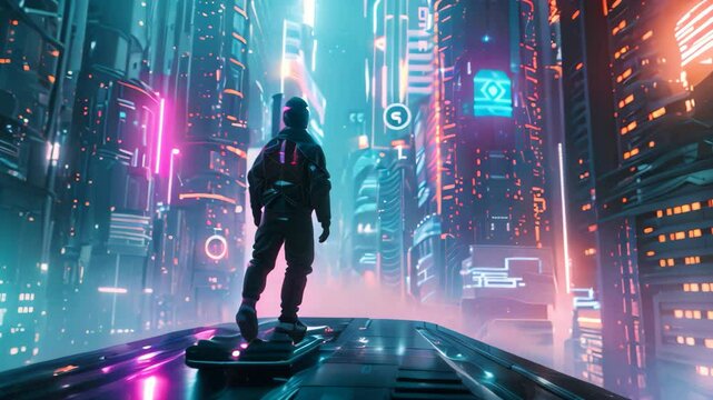 A lone figure rides a futuristic hoverboard through a neon-lit cityscape, gazing towards the towering structures, Riding a futuristic hoverboard through a neon cityscape
