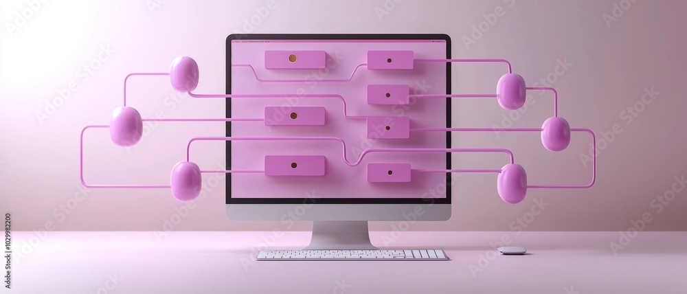Poster a modern computer setup featuring a pastel pink aesthetic with buttons and connections, creating a t