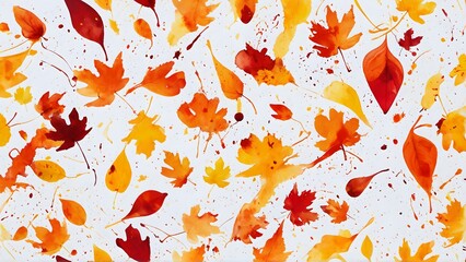 Bold ink splatters in autumn colors forming a chaotic pattern, resembling falling leaves in the breeze. AI-generated.	