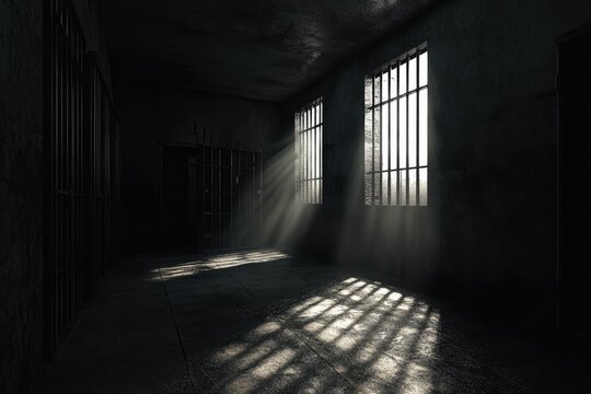 Light shining through bars in dark abandoned prison cell - Powered by Adobe
