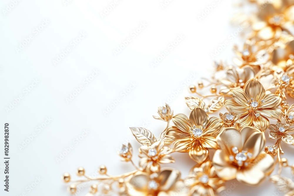 Wall mural golden flowers with diamonds forming a border on white background