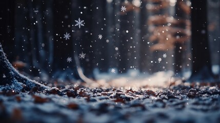 Glittering snowflakes gently covering the ground in a forest, evoking a sense of celebration and wonder