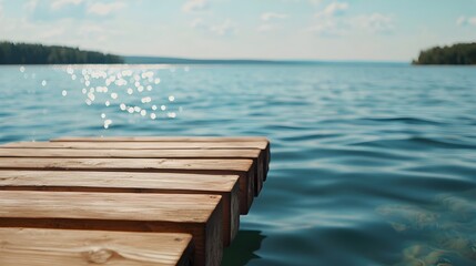 Serene pontoon pier floating on a calm crystal clear lake during the summer  The peaceful minimalist scenery features a split complementary color scheme and ample space for text overlay or branding