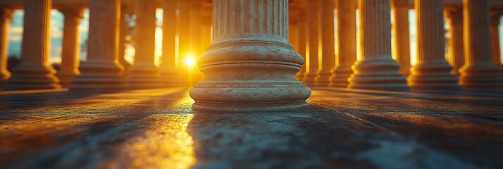 Architectural stone pillars signify law and justice in a close-up view.