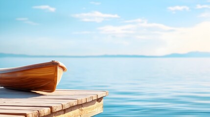 Obraz premium Peaceful pontoon pier on a tranquil lake shore with a clear calming sky a scene that evokes serenity relaxation and outdoor enjoyment in a natural scenic setting