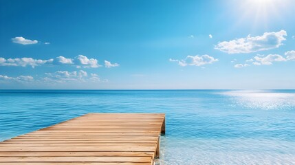 Fototapeta premium Peaceful pontoon pier extending out onto a calm summer lake with a clear blue sky and serene atmosphere This image evokes a sense of tranquility and outdoor relaxation
