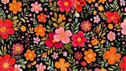 A vibrant floral pattern featuring a mix of pink, red, and orange flowers on a black background