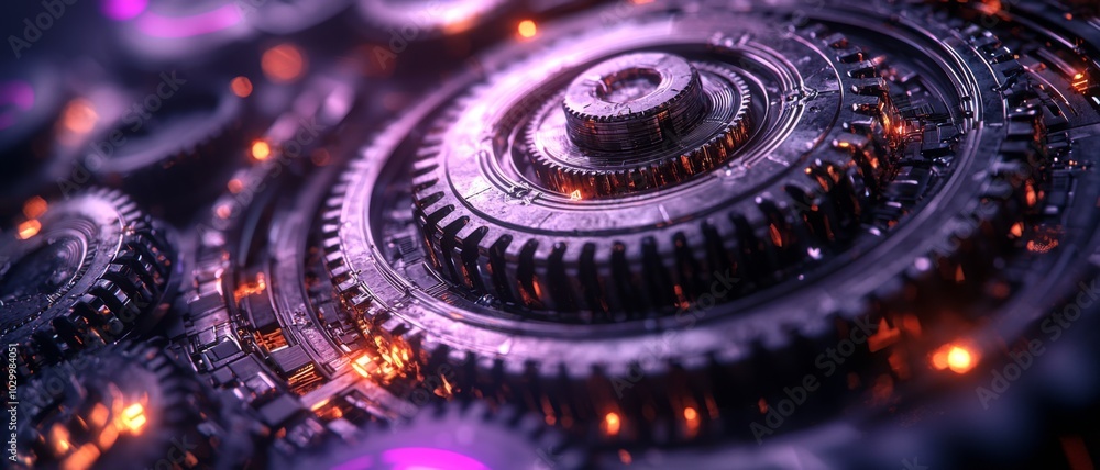 Poster a close-up view of intricate gears and mechanical components illuminated with a purple hue, showcasi