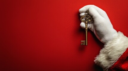 Santa Claus holding a vintage golden key against a bright red background
