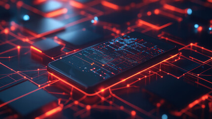 A computer and phone are connected by glowing lines representing data. This shows how artificial intelligence is used in business to connect personal information and technology.