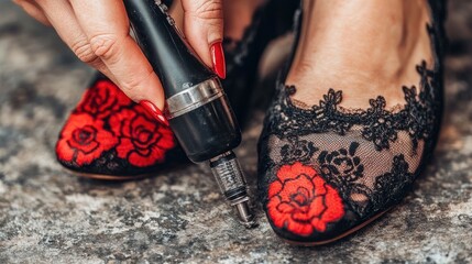 Close-up of a woman's hand using a screwdriver to fix a black and red shoe with a floral design.