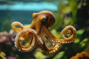 Obraz premium Giant pacific octopus swimming in aquarium with tentacles extended