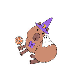 Funny animal capybara in witch hat with cute ghost and candy cane. Сlipart on the theme of fairy tales and magic. Design element for October holiday Halloween. Vector illustration