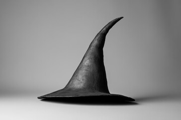 Fototapeta premium Black Witch Hat With a Pointed Tip on a White Surface
