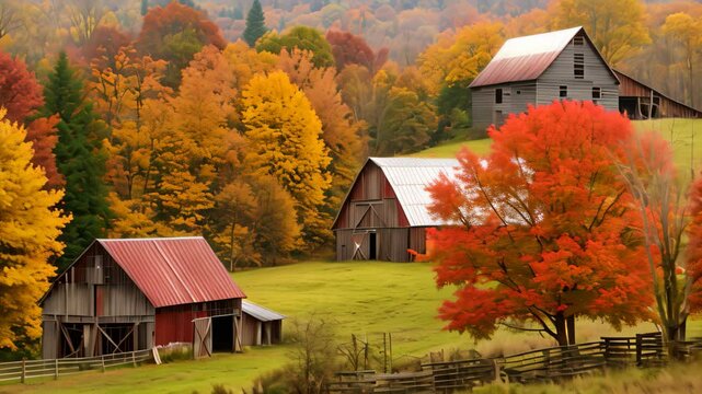 A scenic view of three weathered barns surrounded by vibrant fall colors, with a misty background, Rustic barns surrounded by autumn colors
