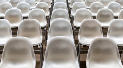 Fototapeta premium A Row of Empty White Plastic Chairs in a Stadium or Auditorium