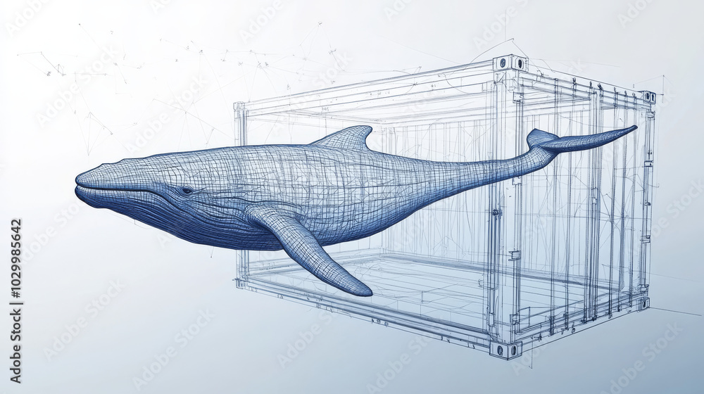 Poster a simple drawing shows a whale swimming inside a shipping container. this represents a developer usi