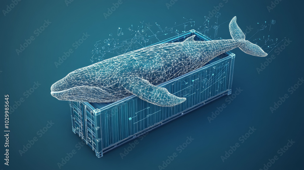 Poster a simple drawing shows a whale swimming inside a shipping container. this represents a developer usi