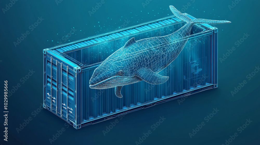 Poster a simple drawing shows a whale swimming inside a shipping container. this represents a developer usi