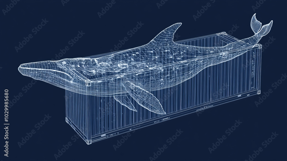 Poster a simple drawing shows a whale swimming inside a shipping container. this represents a developer usi