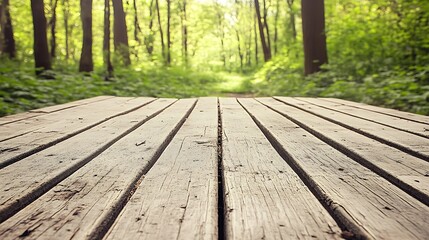 Fototapeta premium Wooden planks in a forest setting, perfect for showcasing products, creating mockups, or adding a rustic touch to your designs