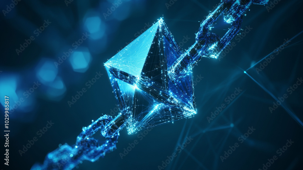 Poster a futuristic, blue design shows a chain of triangles connected by lines, representing a secure block