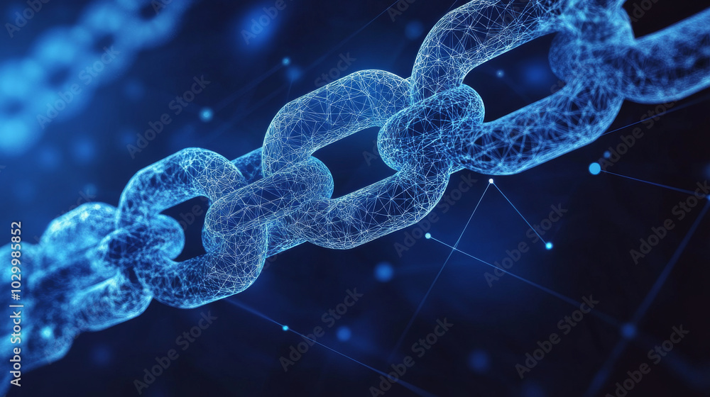 Poster a futuristic, blue design shows a chain of triangles connected by lines, representing a secure block
